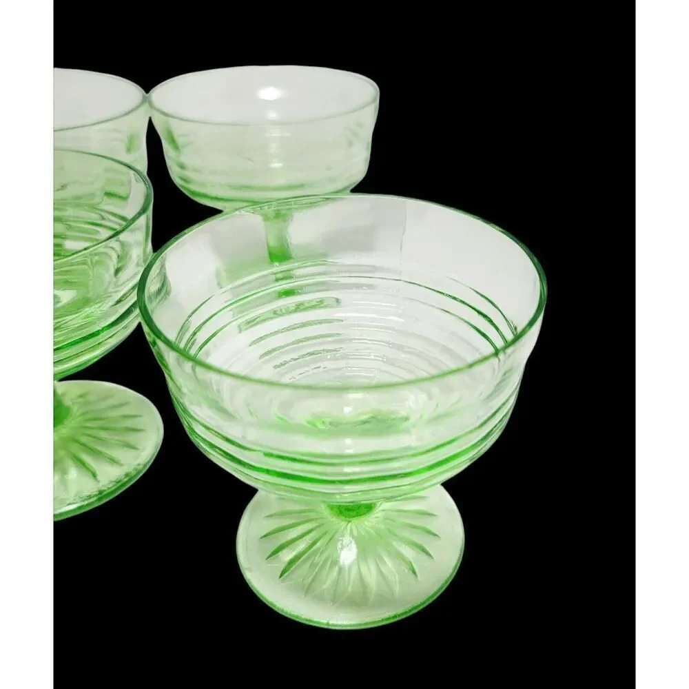 Vintage Green Vaseline Uranium Glass Sherbet Dessert Fruit Custard Cups Set of 5